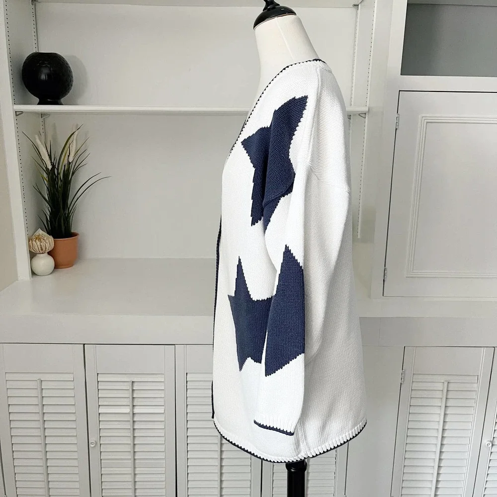 **SOLD**. Adrienne Vittadini Navy and White Star Sweater - Picture 3 of 7